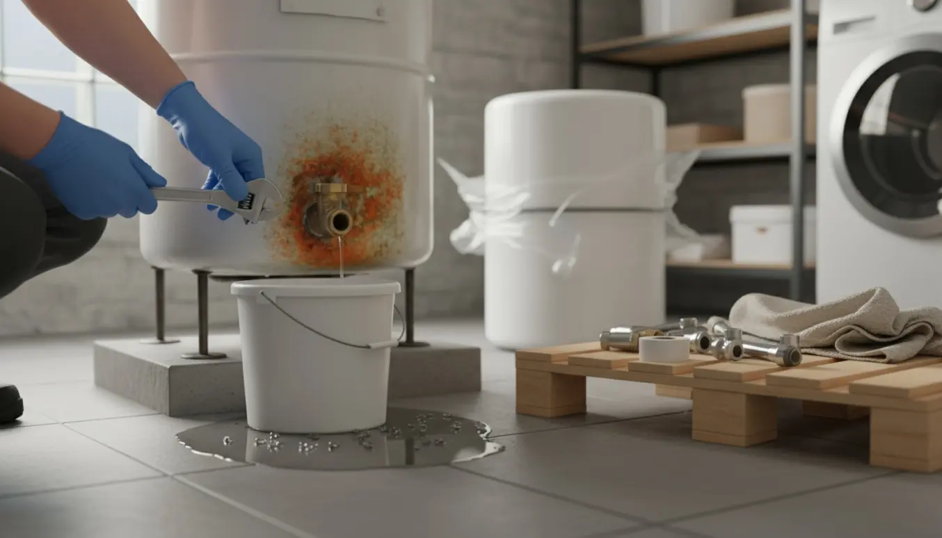 Håndværker arbejder på en lille varmtvandsbeholder, der lækker ved bunden, med værktøj og en spand til opsamling af vand.