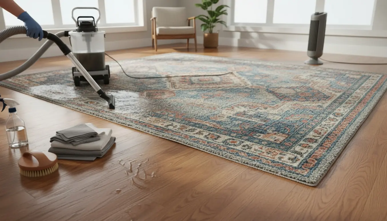 Et løst tæppe på trægulv under professionel rensning med synlig før- og efter-effekt.