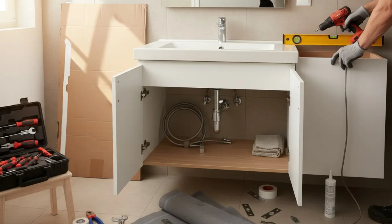 Nyinstalleret underskab og vask i et lyst badeværelse med et ekstra skab ved montering og værktøj klar.