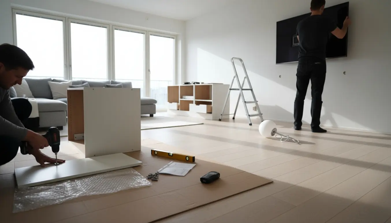 Hænder samler skabe og monterer TV i en lys, moderne lejlighed.