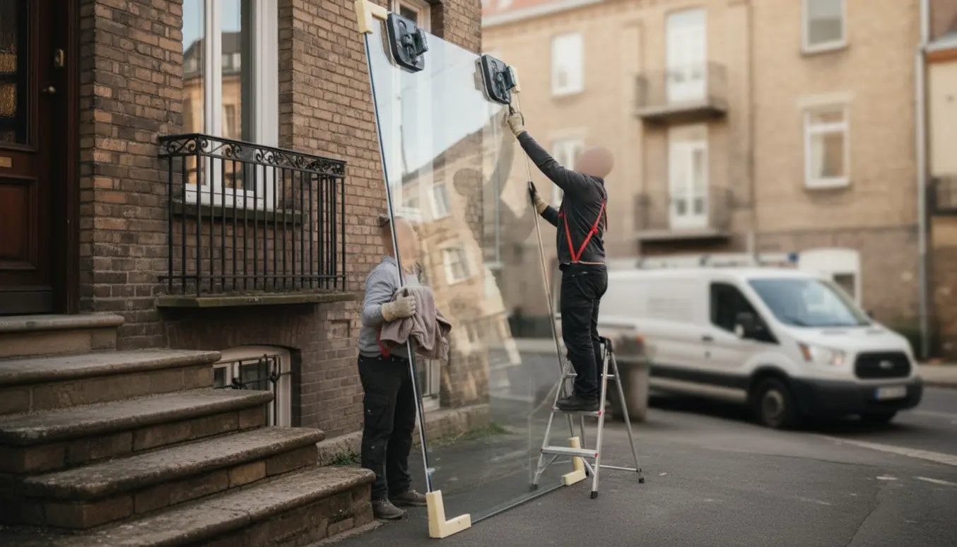 To håndværkere bærer forsigtigt et højt brusevægsglas op til anden sal med sugekopper og beskyttelse.