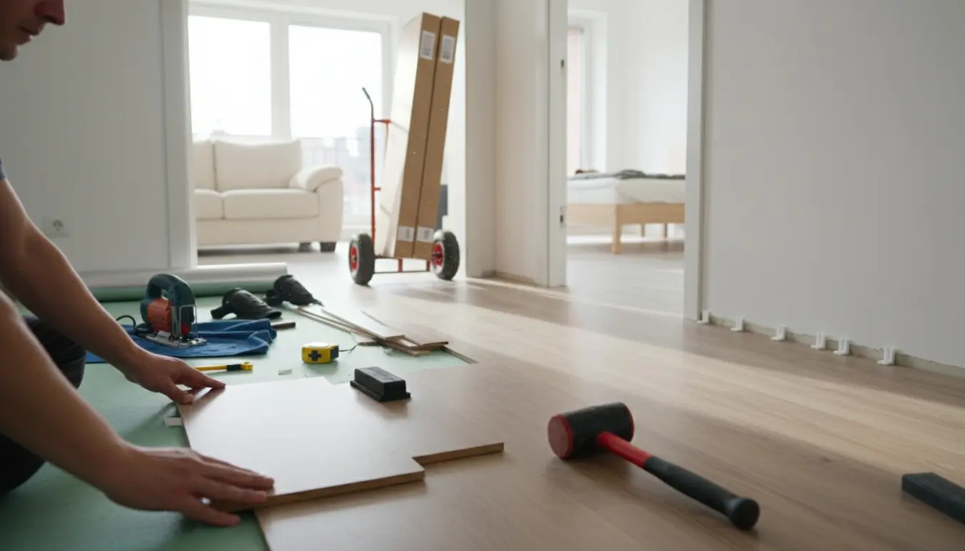 Stak klikgulvsplanker og værktøj i en lys lejlighed, hænder klikker en planke på plads.
