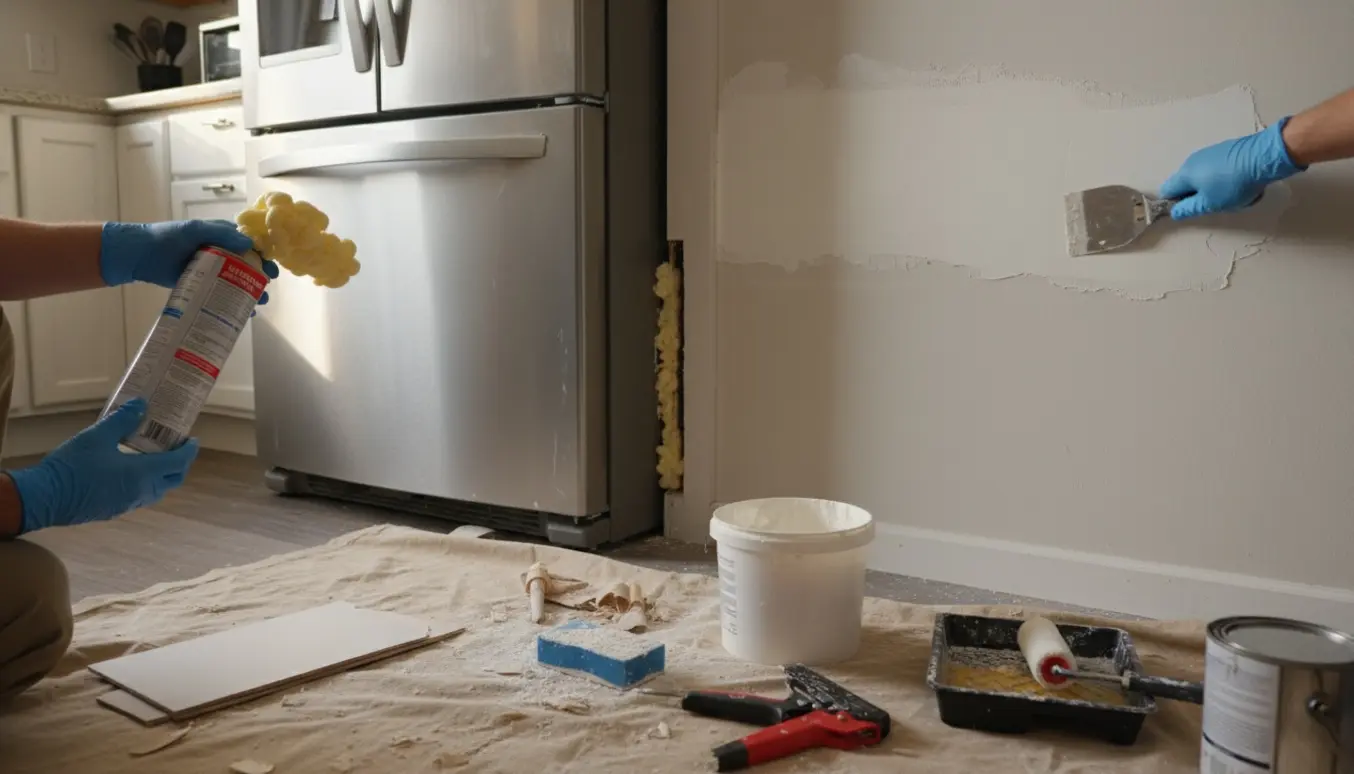 Nærbillede af hænder, der fylder hul bag køleskab med skum og fuger en væg klar til slibning og maling.