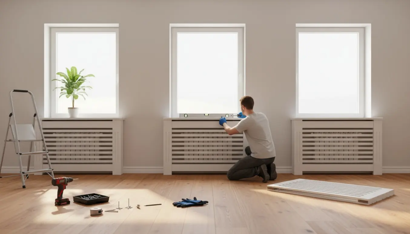Tre hvide radiatorskjulere ved vinduer i forskellige monteringsstadier med værktøj på et lyst trægulv.