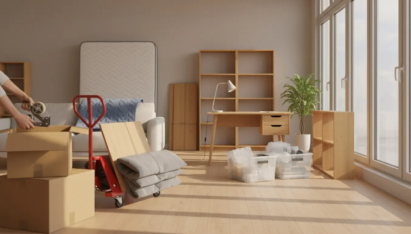 Delvist tømt lejlighed med møbler, flyttekasser og flytteudstyr i varmt naturligt lys.