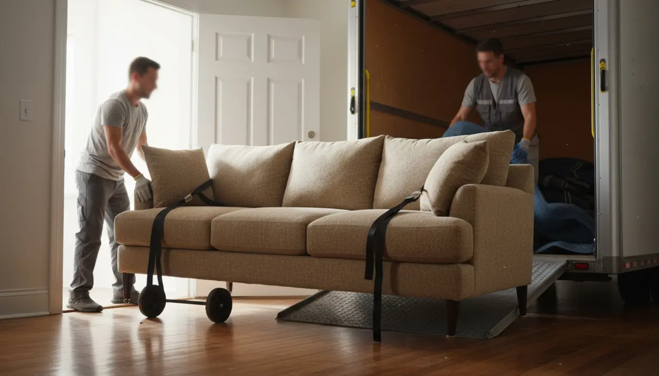 En stor trepersoners sofa løftes gennem en døråbning og læsses ind i en flyttevogn, beskyttet af tæpper og stropper.