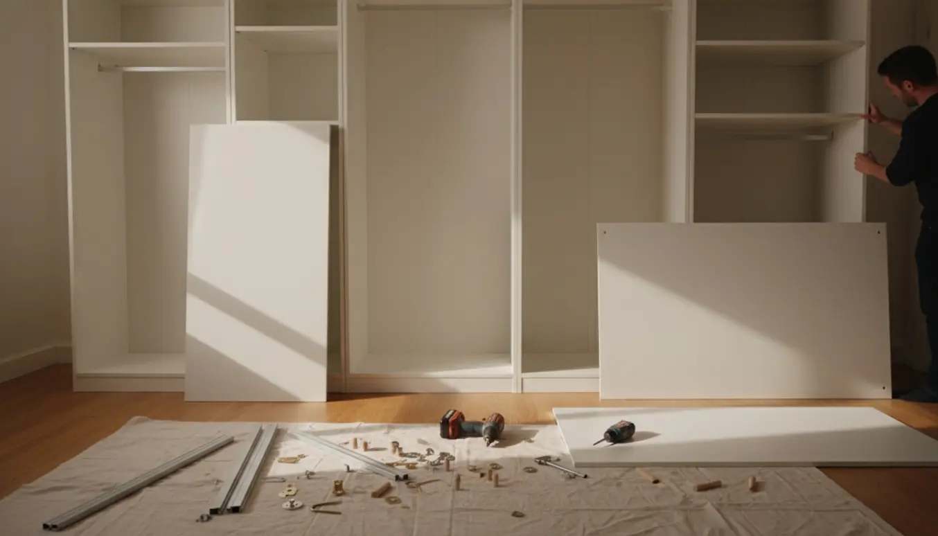 Tre PAX-garderobeskabe under samling i et lyst soveværelse med værktøj spredt på gulvet.