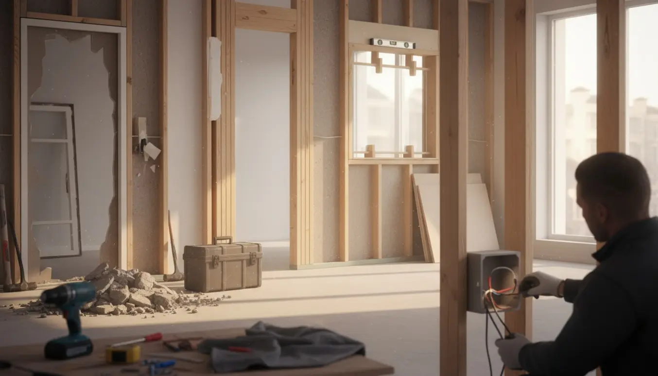 Indvendig renovering med nedrevet dørskillevæg, elektrikerhænders arbejde og ny skillevæg med glas under opbygning.