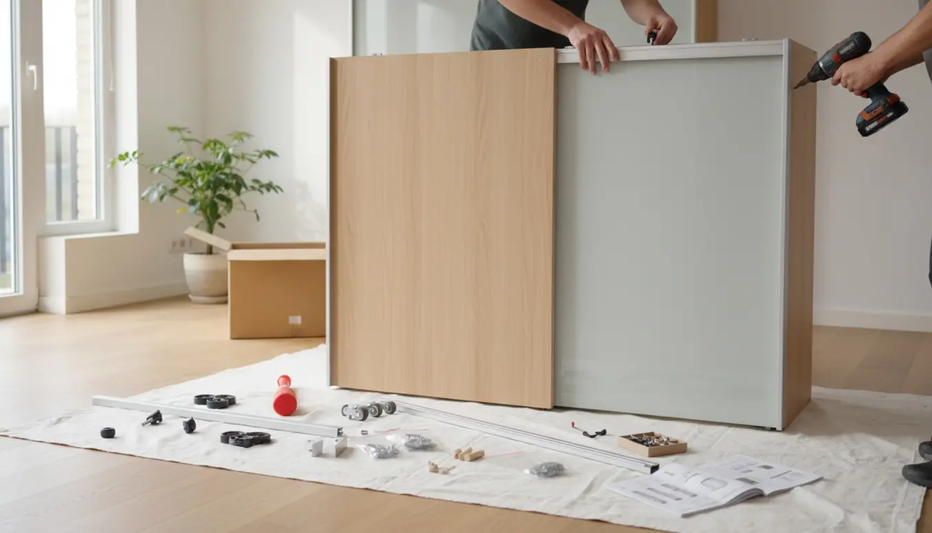 Nærbillede af delvist samlet skab med skydedøre, værktøj og hænder i en lys stue.