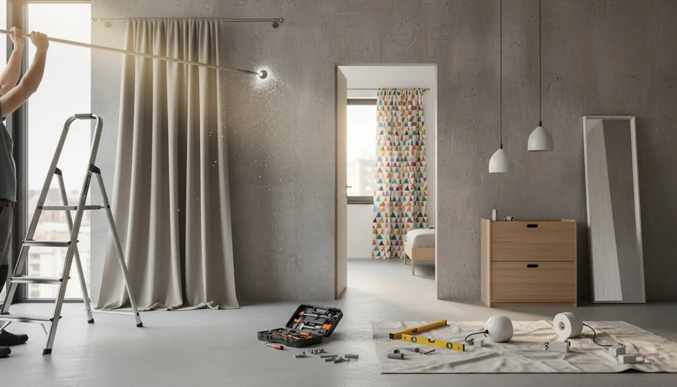 Håndværker borer i betongvæg i lejlighed for at montere gardiner, lamper, skoskab og spejl.