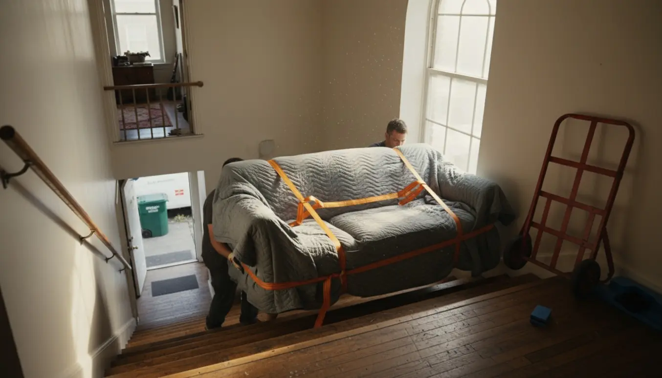 To flyttemænd bærer en trepersoners sofa ned ad en trappe, pakket ind i flyttetæpper og sikret med stropper.