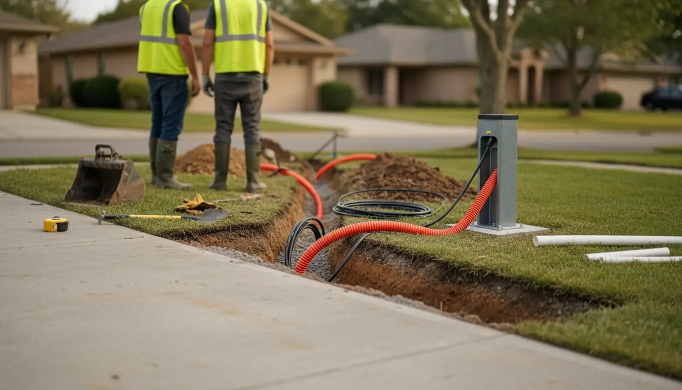 Grøftgravning fra punkt A til B på en indkørsel med kabelrør og ladestanderens fundament klar til installation.