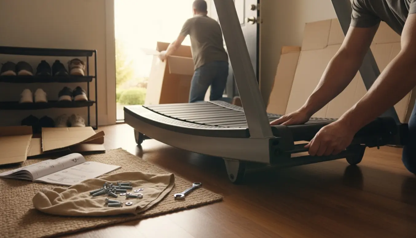 Et håndløbebånd bæres ind og samles i en lejligheds entre med værktøj og manual på gulvet.