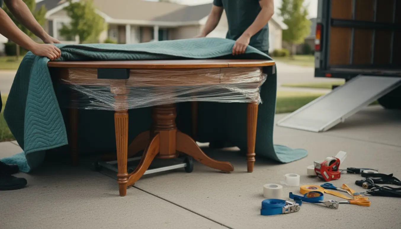 Et rundt ældre træbord Ø120 cm pakkes omhyggeligt med flyttetæpper og bobleplast foran en åben flyttevogn.