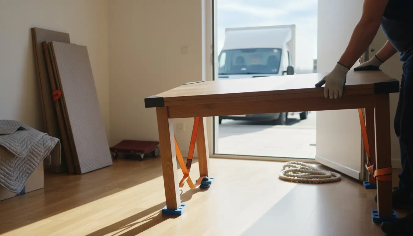 To personer bærer et trælaminat spisebord med to tillægsplader gennem en lys entré, ansigter ikke synlige.