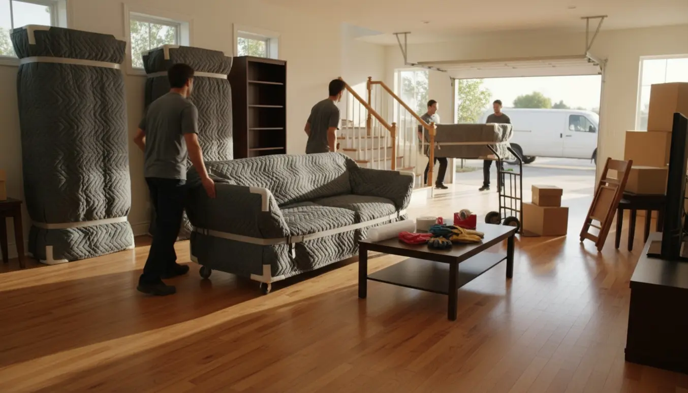 Flyttefolk bærer møbler fra stuen til garagen med tæpper, dolly og et bord på vej op ad trappen.