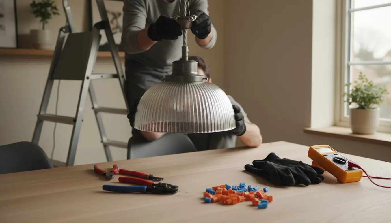 Tung pendel lampe monteres i loftet med wire af to personer på en stige omgivet af el‑værktøj.