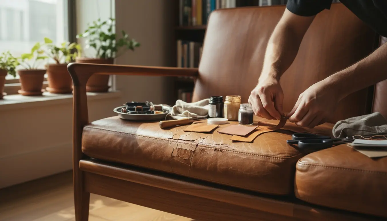 Nærbillede af restaurering af slidt brasiliansk lædersofa med hænder, værktøj og synligt træ i god stand.