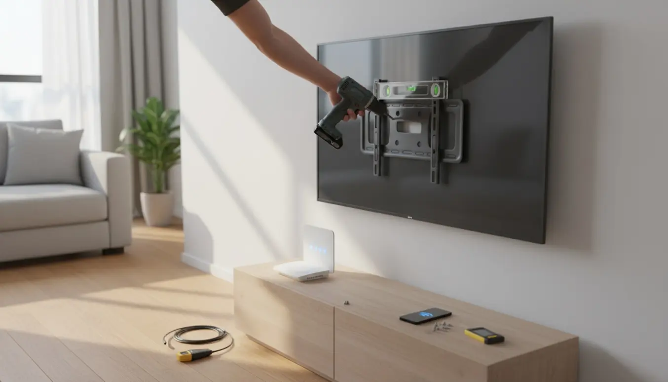 Flatskærm monteres på væg, tekniker forbinder tv til Wi‑Fi.