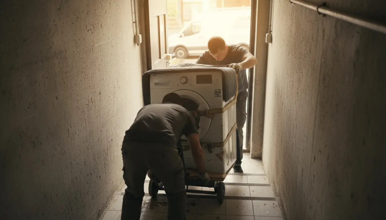 To flyttemænd manøvrerer en defekt vaskemaskine op ad en kort kældertrappe mod gaden.