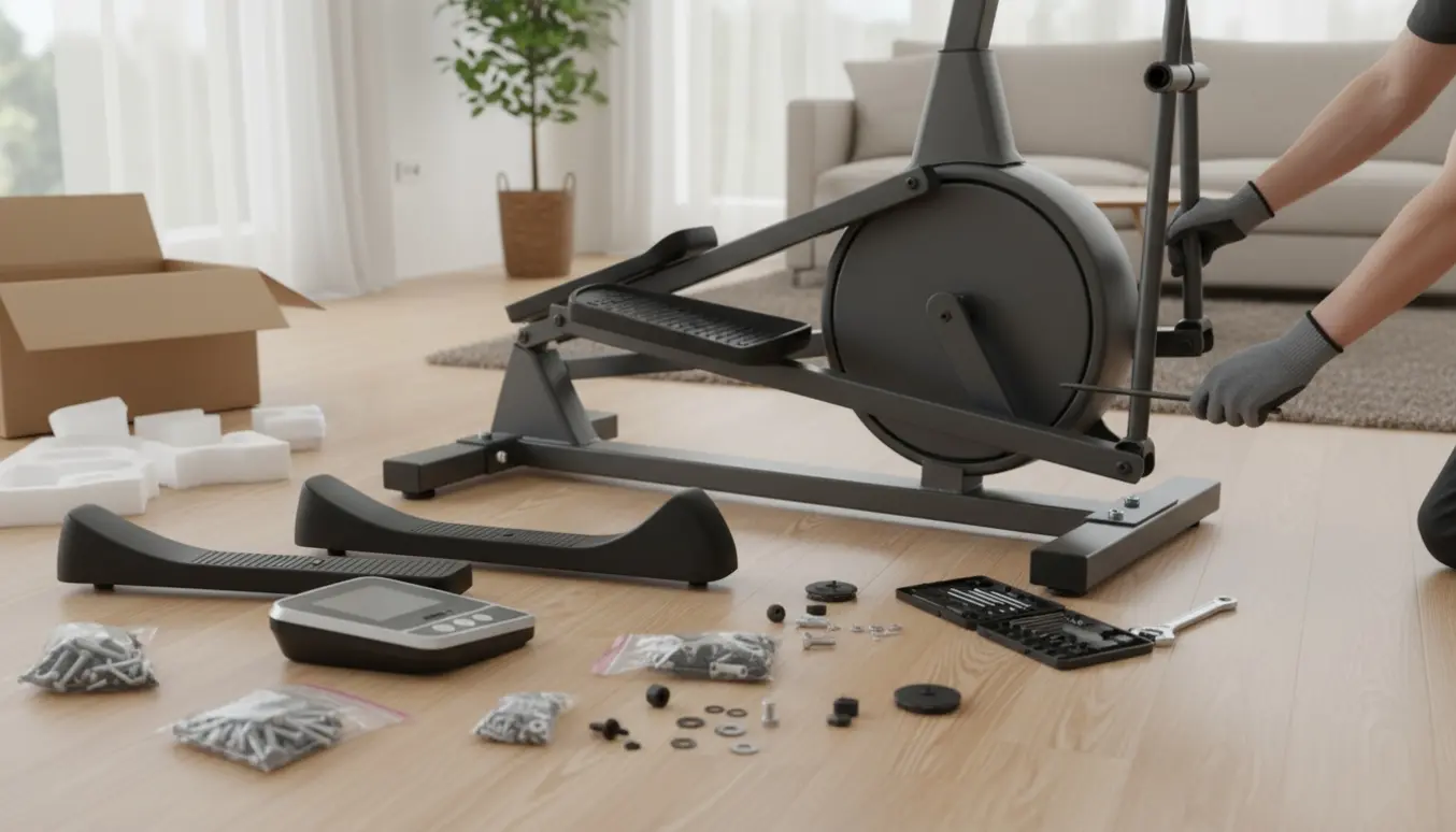 Delvist samlet crosstrainer i stue med værktøj, løse bolte og tom emballage.