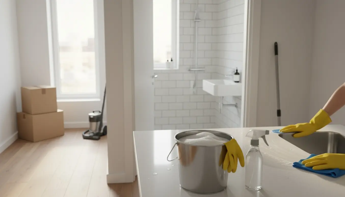 Hænder pudser køkkenbord i en tom, nyrengjort lejlighed med rengøringsudstyr og åbent badeværelse i baggrunden.
