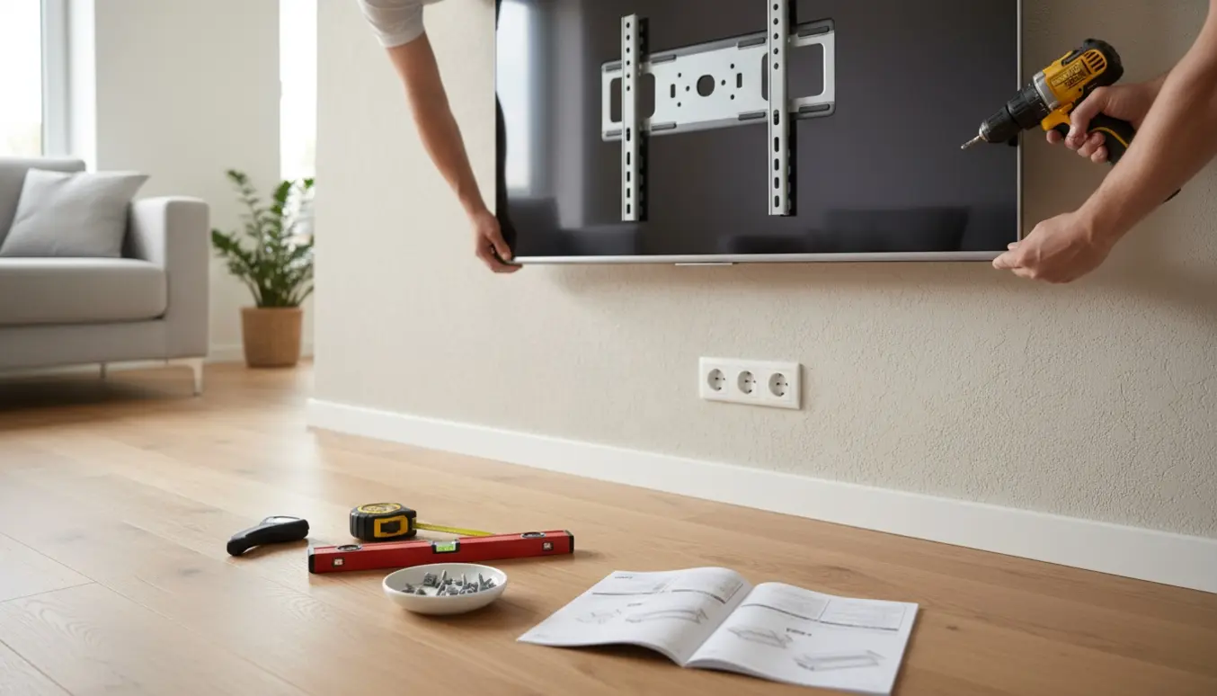 To personer monterer et stort fladskærms-tv på væggen i en lys stue med værktøj og vægbeslag i fokus.