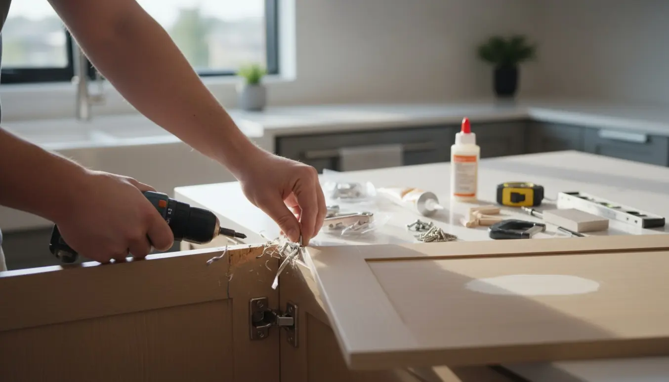 Hænder justerer en køkkenlåge med nye hængsler og værktøj på køkkenbordet.