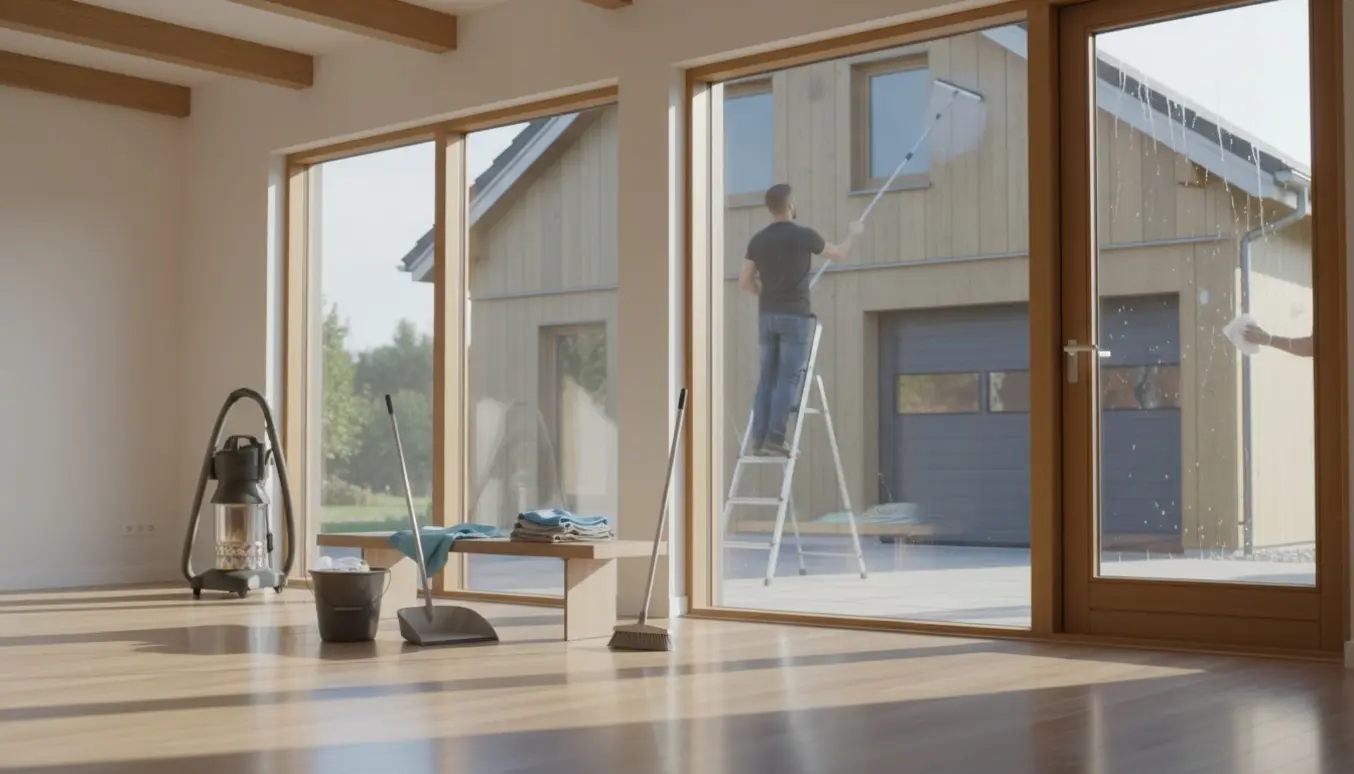 Soloplyst stue med nypudsete træ‑alu‑vinduer, rengøringsudstyr og en pudser på stige uden synligt ansigt.
