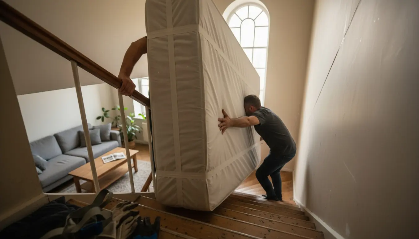 To personer bærer en stor boksmadras op ad en smal trappe mod 5. sal.