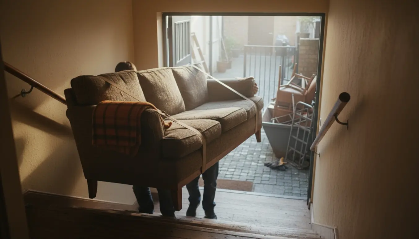 To personer bærer en trepersoners sofa ned ad trappen mod baggården til storskrald.