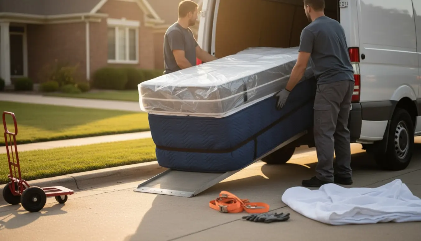 To store boxmadrasser læsses ind i en umarkeret flyttevogn ved fortovet, uden synlige ansigter.