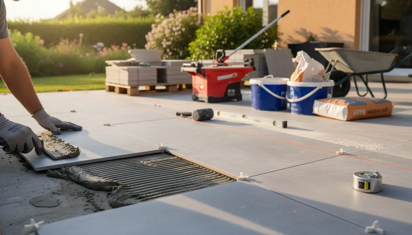 Håndværker lægger fliser på en terrasse med mørtel, fliseværktøj og materialer i morgenlys.
