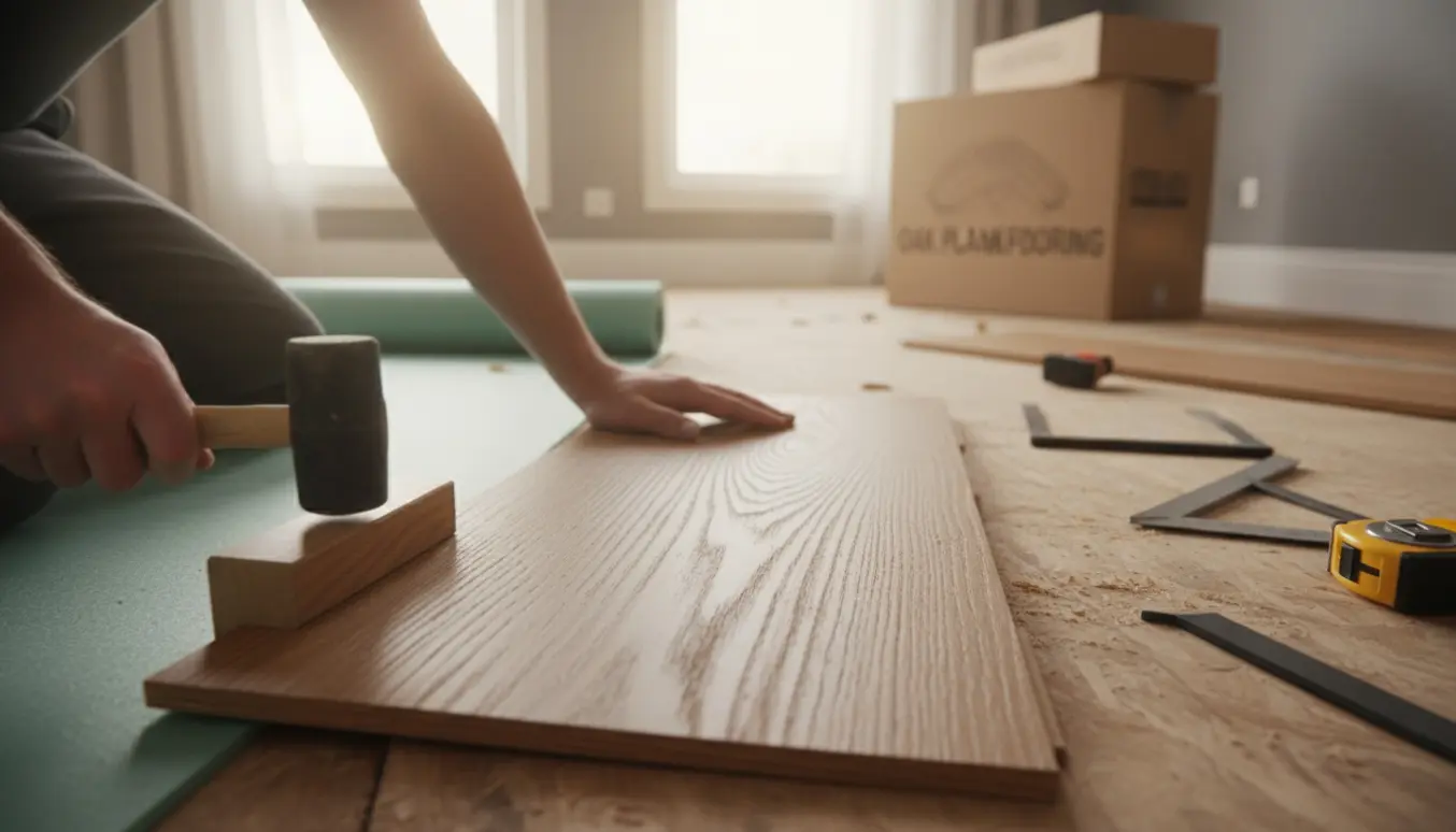 Hænder lægger klikgulv i en soloplyst stue med værktøj og materialer synlige.