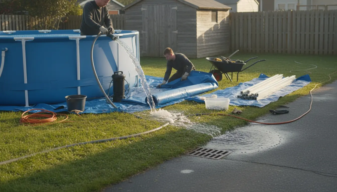 Et stort havebassin tømmes med en submersibel pumpe og adskilles, værktøj og rammedele ligger klar.