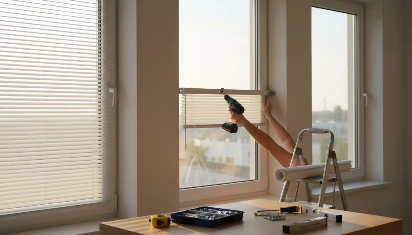 Hænder monterer persienne ved tre vinduer med boremaskine og værktøj på et bord.