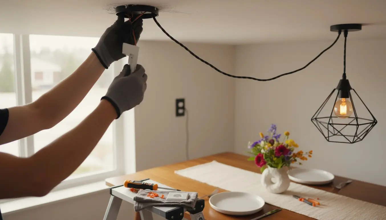 Hænder forbinder en pendellampe over et spisebord og tilslutter en lysdæmper.