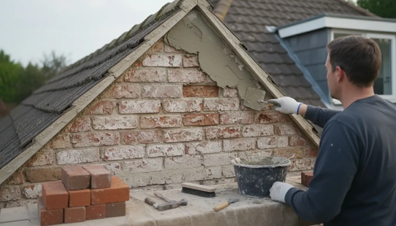 Nærbillede af reparation af frostskadet vandskuret murstensgavl med frisk mørtel og murerværktøj.