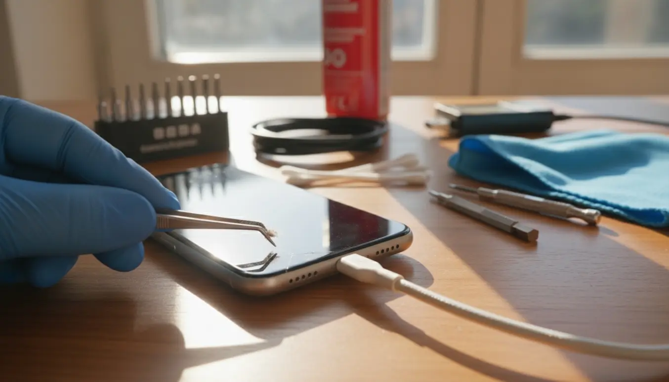 Nærbillede af smartphone med let revne i nederste venstre hjørne, mens en hånd fjerner støv fra opladningsporten med pincet på et sollyst skrivebord.