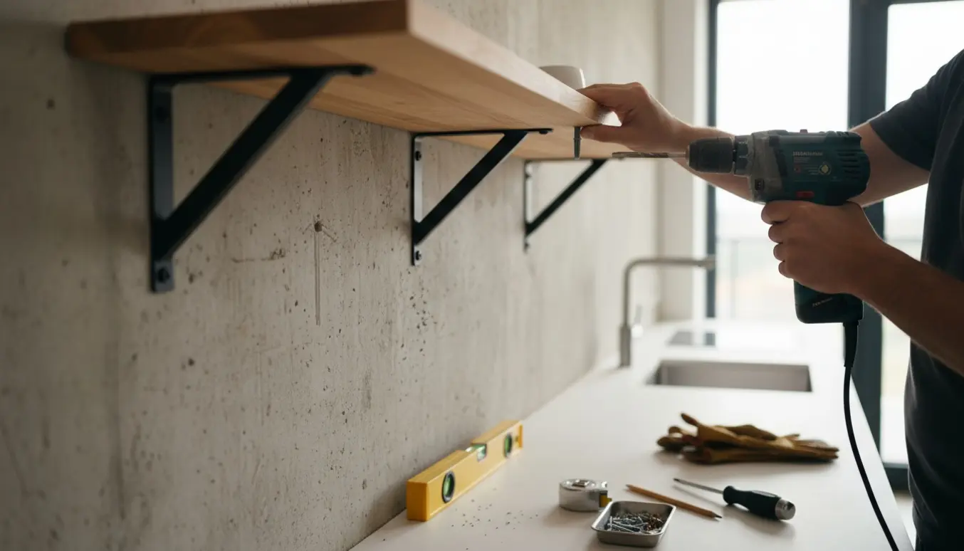 Hænder monterer en træhylde på en rå betonvæg med boremaskine, rawlplugs og metalknægte i et køkken.