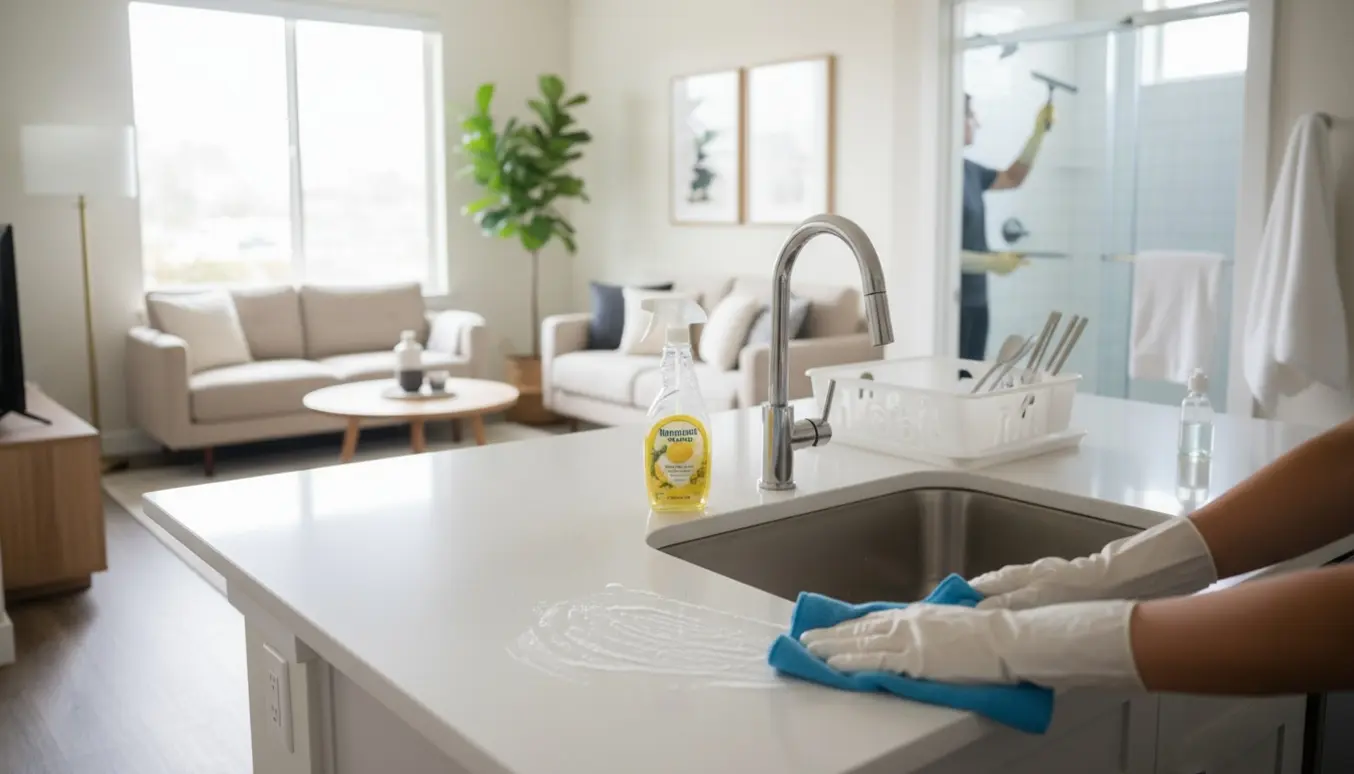 Hænder i rengøringshandsker pudser køkkenbordet med badeværelset i baggrunden i en lys toværelseslejlighed.