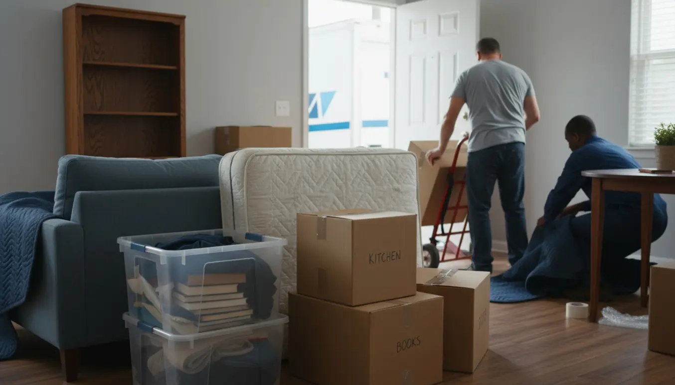 Stue midt i en flytning med tre møbler, en opretstående madras og stabler af flyttekasser ved en åben dør.