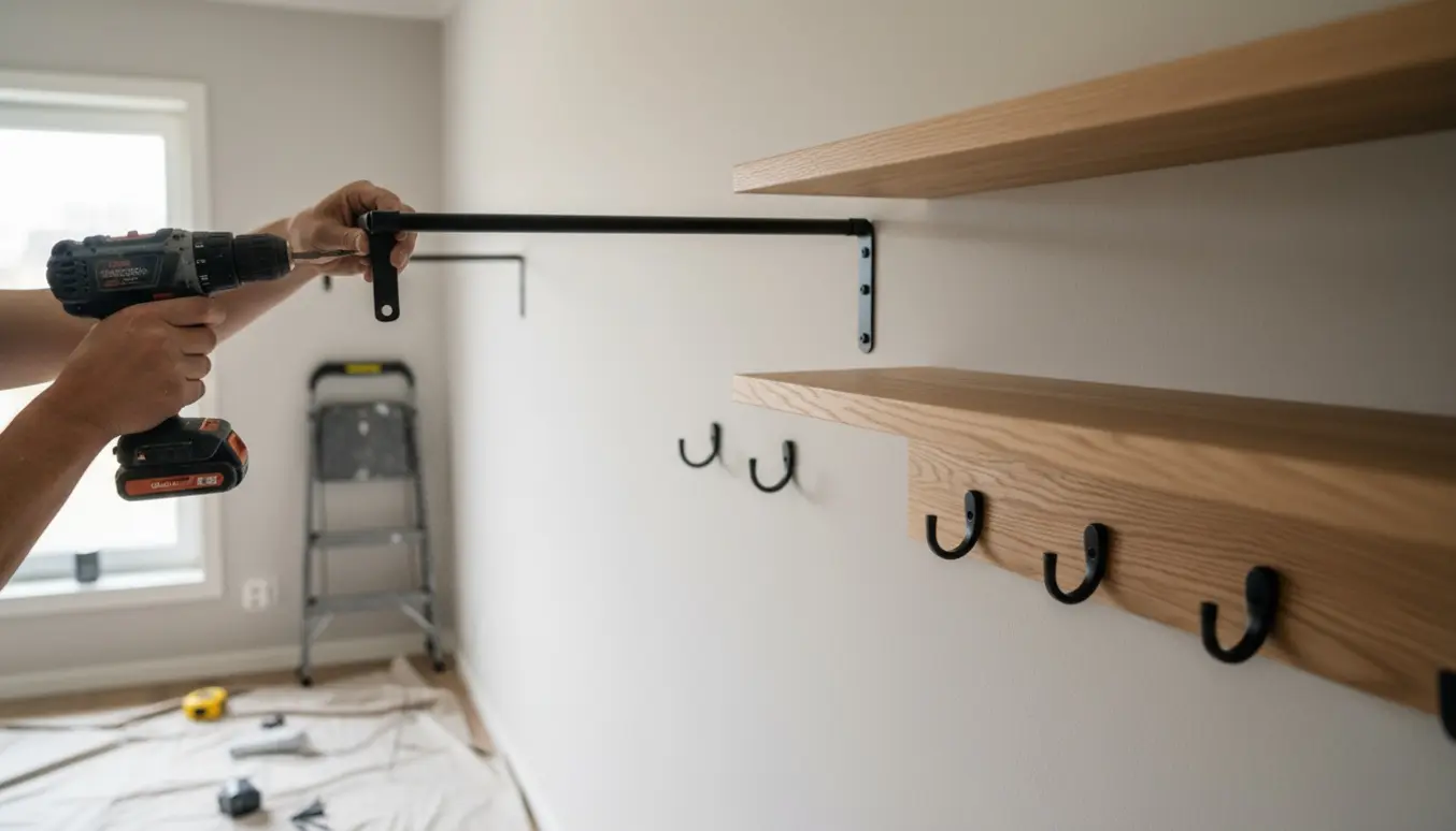 Hænder monterer gardinstænger, to hylder og knager på en lys væg i et skandinavisk rum.