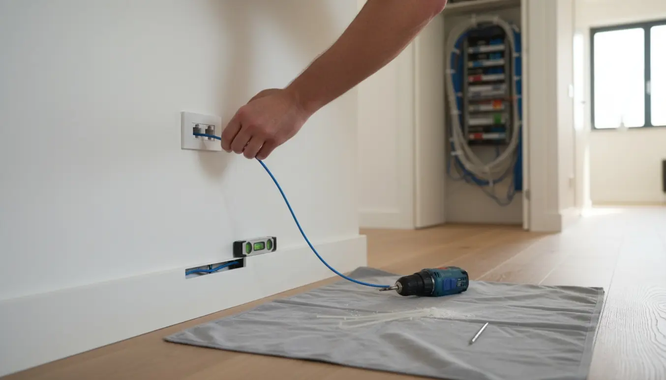 Hænder trækker et blåt netværkskabel gennem et lille borehul i en hvid væg med værktøj og en diskret RJ45-plade i baggrunden.