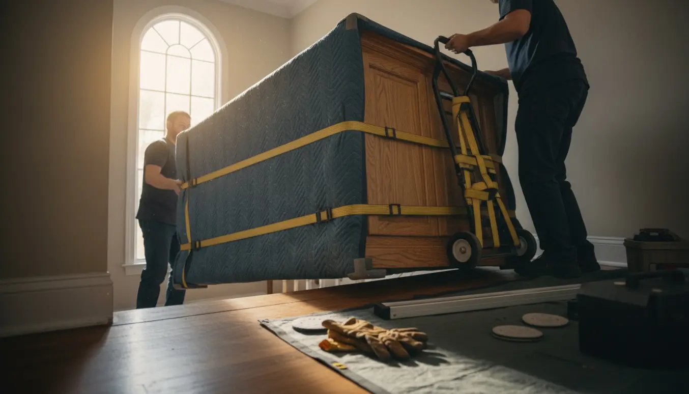 Solid eget køkkenø bæres forsigtigt ned ad en opgangstrappe med flyttetæpper og stropper.