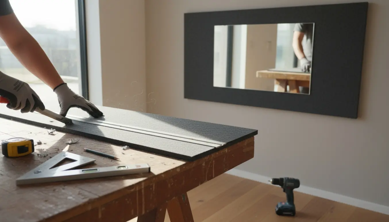 Nærbillede af tilskæring og opsætning af akustikpaneler, mens et spejl monteres ovenpå filten.