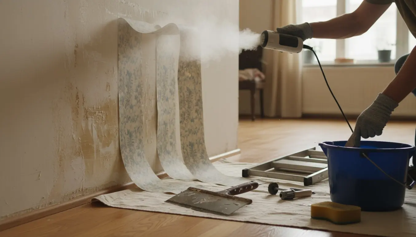 Hænder fjerner tapet i en lys lejlighed med skraber, damper og strimler på gulvet.