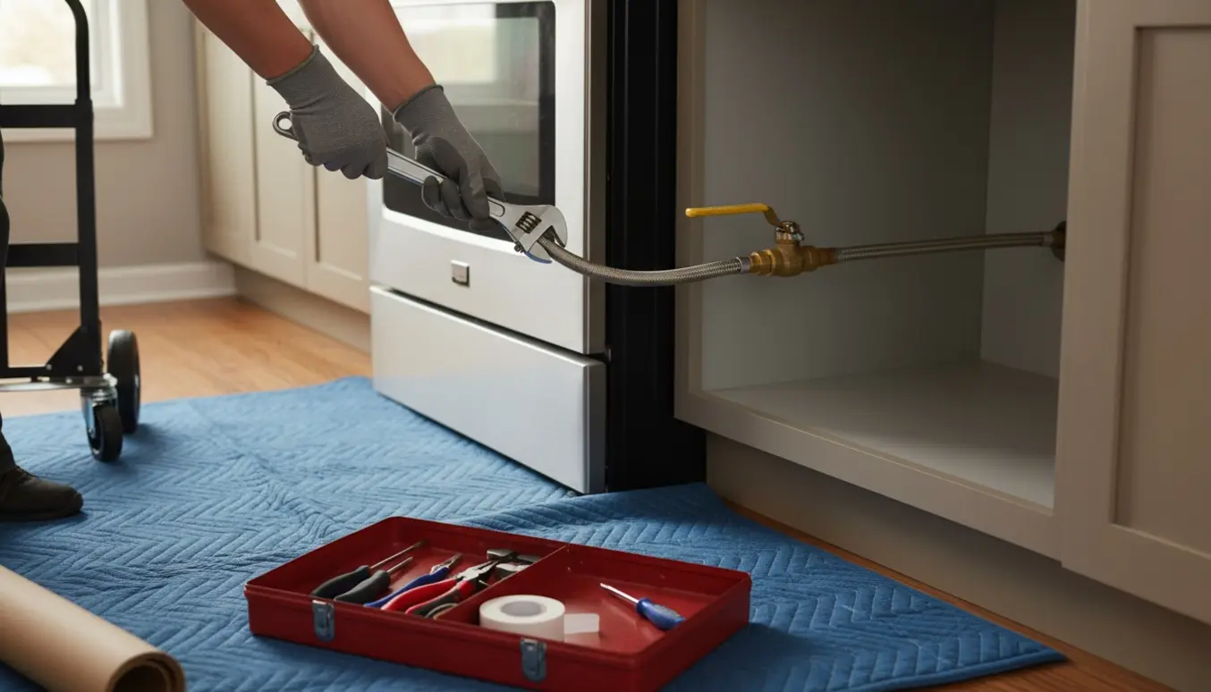 Hænder løsner gasforbindelsen mens et gaskomfur trækkes ud af køkkenet med værktøj og beskyttelse omkring.