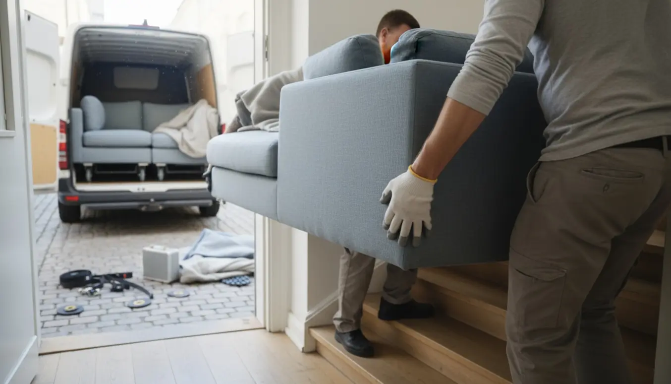 Flyttefolk bærer en tre-sektions sofa ind i en lys dansk opgang fra en varevogn.