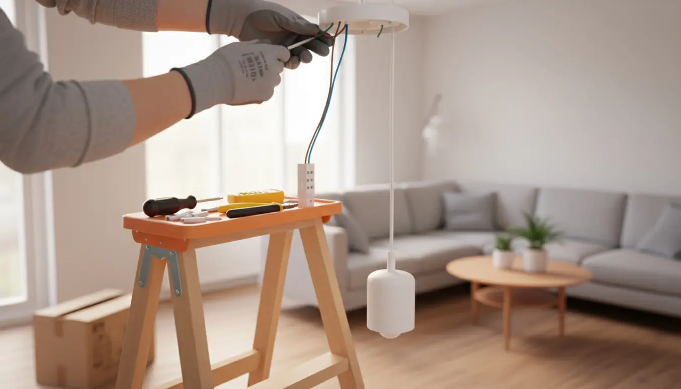 Nærbillede af montering af loftlampe med håndværktøj og farvekodede ledninger på en stige.